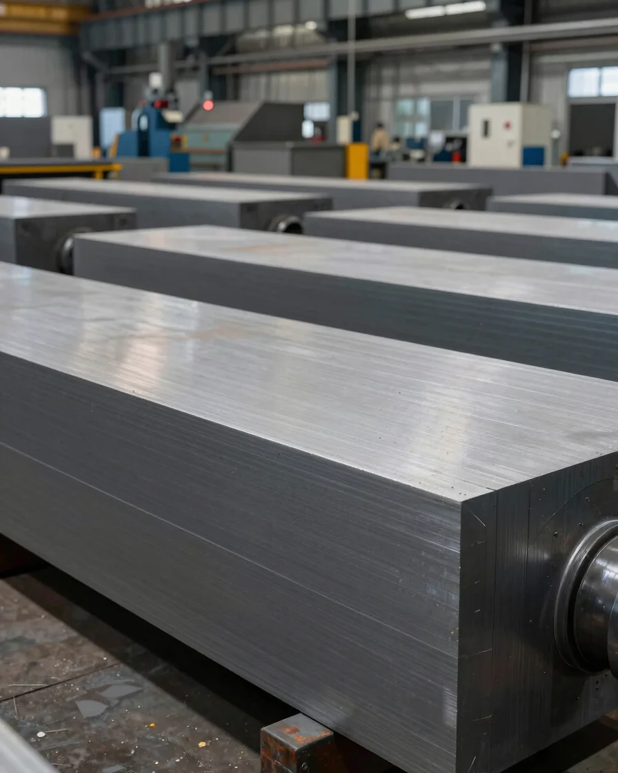Clear wide view of a steel production environment with controlled industrial light, material texture visible, cool steel