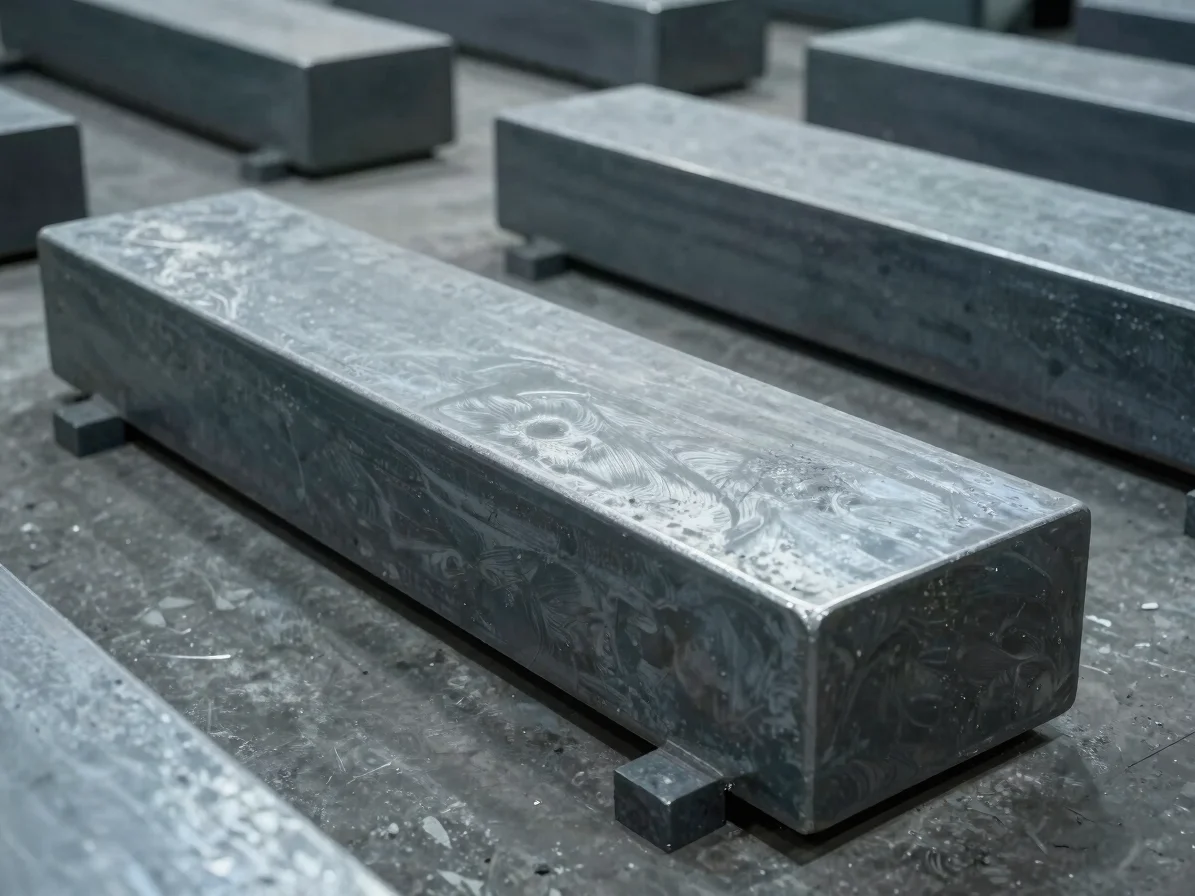 Close industrial editorial study of solid steel ingots on a cool grey production floor, controlled factory light, crisp