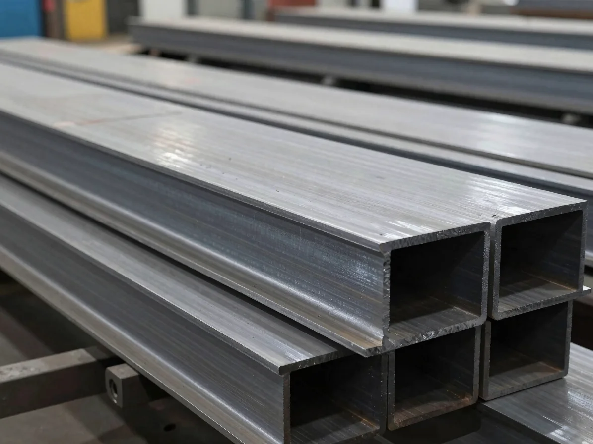 Industrial editorial close view of semi-finished steel sections in a controlled factory environment, cool steel neutrals