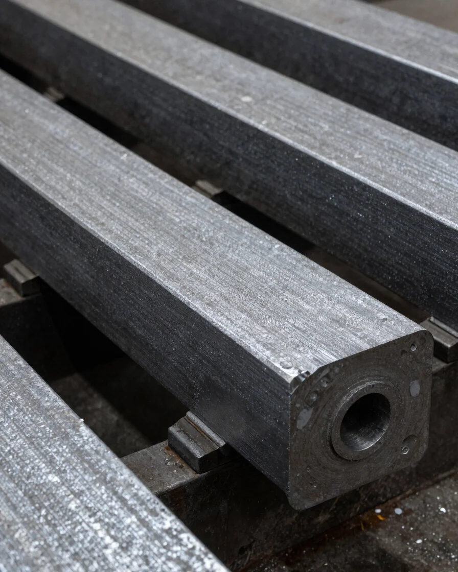 Close material study of a steel ingot under controlled industrial light, cool steel neutrals, crisp surface texture, res